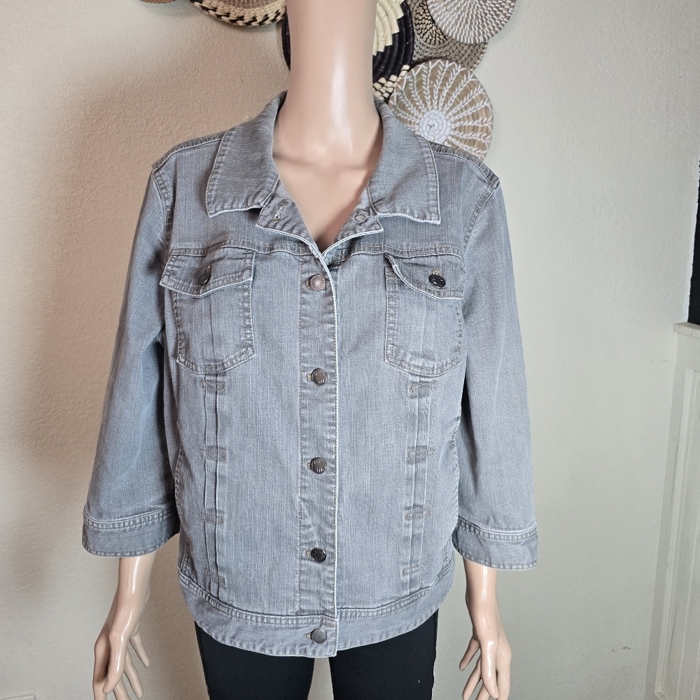 J Jill Denim Jacket Women's Xl Cotton Stretch Gray Button 3/4 Sleeve - Picture 11 of 11